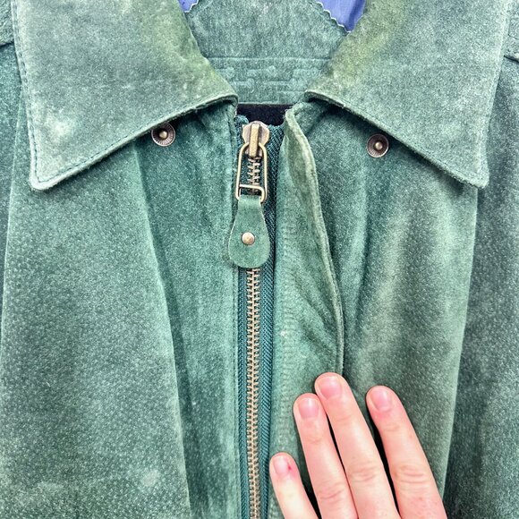 Green & Blue Suede Leather Bomber Jacket 80s Vintage Copper Key Size Medium - Picture 7 of 12